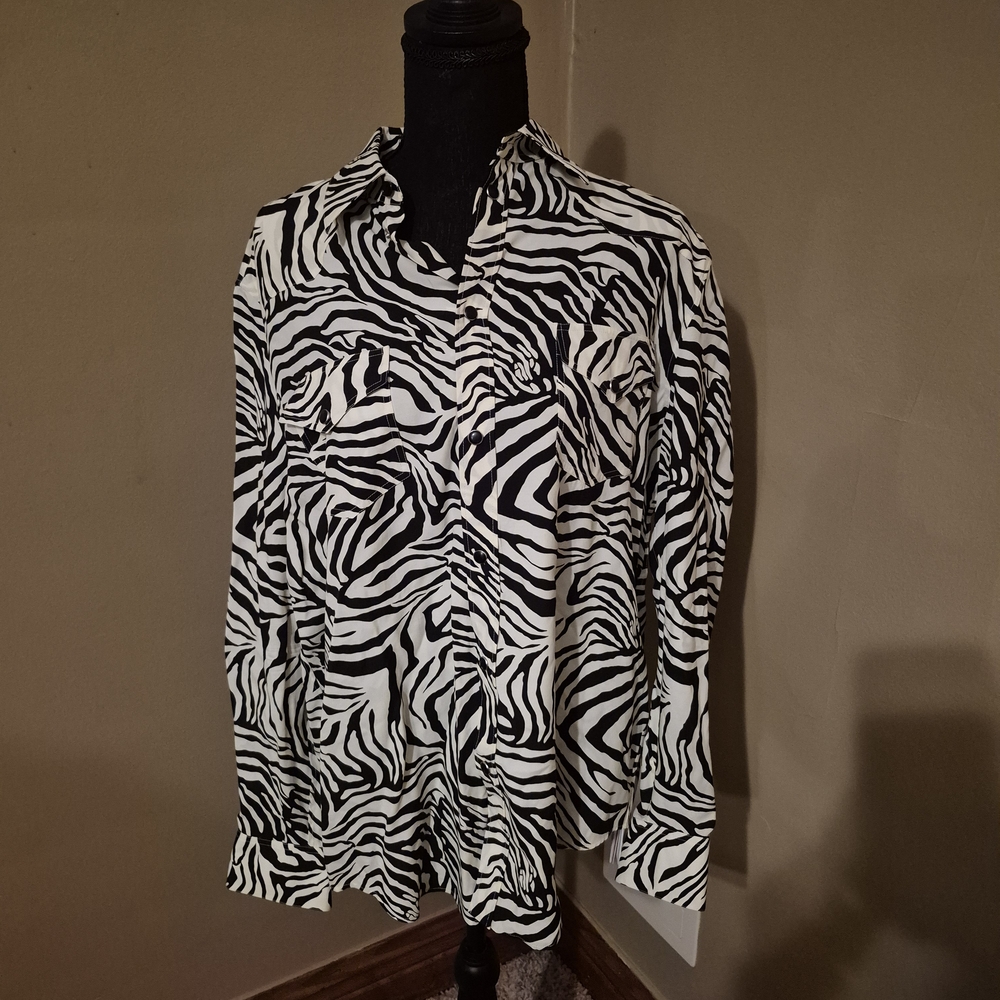 Celine Black and White Zebra Print Dress Shirt